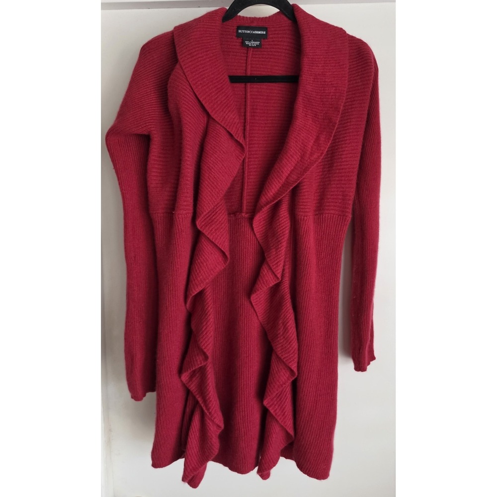 Sutton Cashmere Cardigan Women L Red Long Sleeve Ribbed Classic Sweater Knit